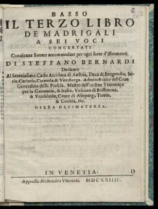 Steffano Bernardi: Il terzo libro de madrigali a sei voci concertati ... Basso