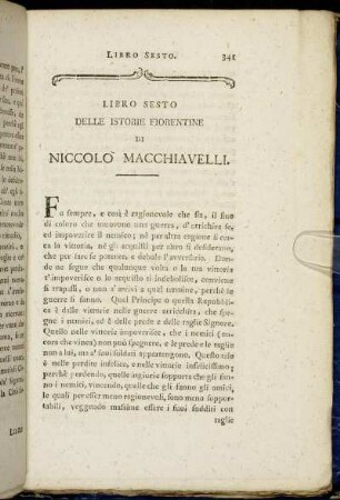Libro Sesto delle Istorie Fiorentine di Niccolò Macchiavelli.