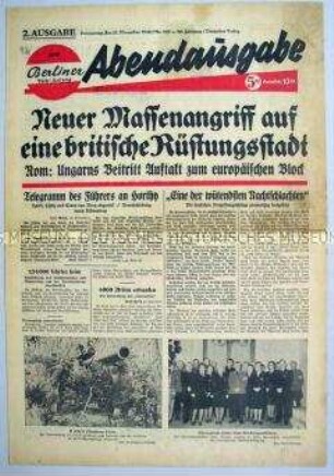 Abendausgabe der "Berliner Volks-Zeitung" u.a. zu deutschen Luftangriffen auf britische Industriezentren