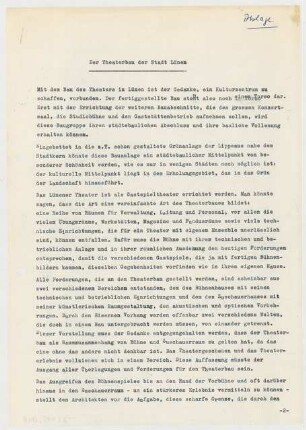 Stadttheater (später: Heinz-Hilpert-Theater), Lünen: Dreiseitiges Schriftstück zum Theaterbau