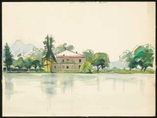 Skizze: Haus am See und Gebirge im Hintergrund