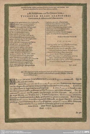 Ad Nobilißimum ac Doctißimum virum Tychonem Brahe Uraniburgi...