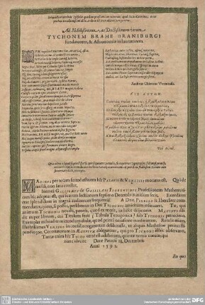 Ad Nobilißimum ac Doctißimum virum Tychonem Brahe Uraniburgi...