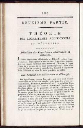Deuxième Partie. Théorie des Logarithmes Additionnels.