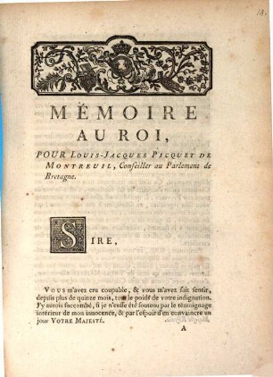 Mémoire au Roi, pour Louis-Jacques Picquet de Montreuil, Conseiller au Parlement de Bretagne