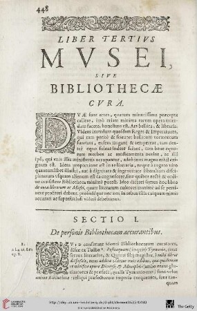 Liber Tertius: Musei, sive Bibliothecae cvra