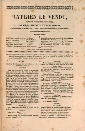 Cyprien le vendu : Comédie-vaudeville en un acte, par MM. Dautrevaux et Eugène Pierron