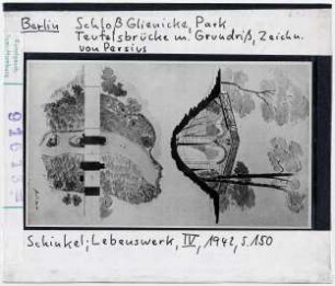 Berlin: Schloss Glienicke, Park, Teufelsbrücke mit Grundriss. Zeichnung von Persius