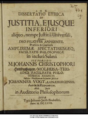 Dissertatio Ethica De Iustitia, Eiusque Inferiori aliquo, nempe Iustitia Universali