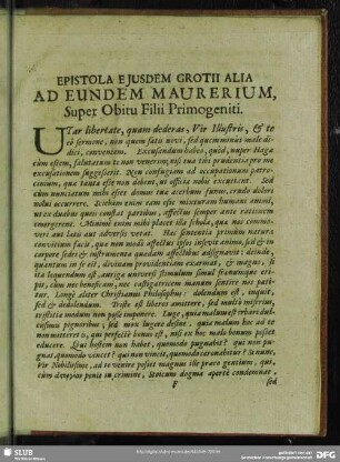 Epistola Ejusdem Grotii Alia Ad Eundem Maurerium, Super Obitu Filii Primogeniti