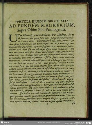 Epistola Ejusdem Grotii Alia Ad Eundem Maurerium, Super Obitu Filii Primogeniti