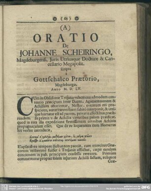 Oratio De Johanne Scheiringo, Magdeburgensi, Iuris Utriusque Doctore & Cancellario Megapolit. scripta a Gottschalco Praetorio Magdeburgae, Anno M. D. LV.