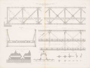 Brücke über dem Flakensee, Erkner: Grundriss, Seitenansichten, Querschnitt, Details (aus: Atlas zur Zeitschrift für Bauwesen, hrsg. v. G. Erbkam, Jg. 9, 1859)
