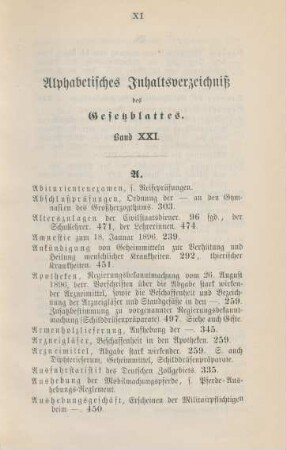 Alphabetisches Inhaltsverzeichniß des Gesetzblattes. Band XXI