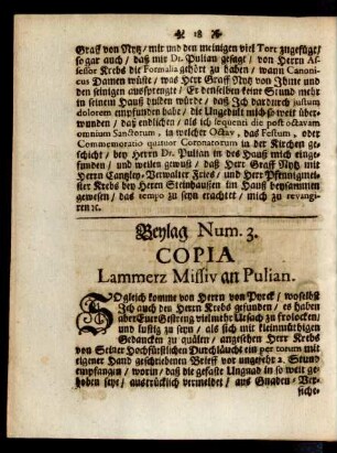 Beylag Num. 3. Copia Lammerz Missiv an Pulian