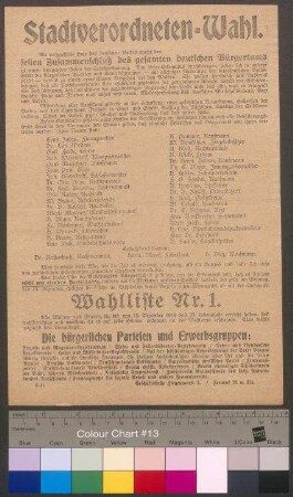 Flugblatt der Vereinigung der bürgerlichen Parteien und Erwerbsgruppen (Vereinigung der Bürgerlichen) zur Wahl der Stadtverordneten am 15. Dezember 1918
