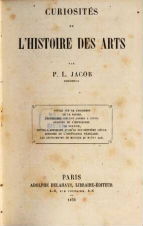 Curiosités de l'histoire des arts par P. L. Jacob