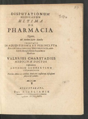 Disputationum Medicarum Ultima De Pharmacia