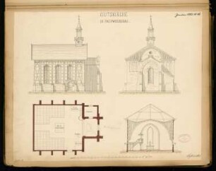 Gutskirche Monatskonkurrenz Januar 1883: Grundriss Erdgeschoss, Aufriss Seitenansicht, Choransicht, Quersschnitt in Richtung Altar; Maßstabsleiste