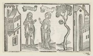 Szene aus einem Schauspiel, erstmals erschienen in: "Terentius", Straßburg 1496, fol. XCV