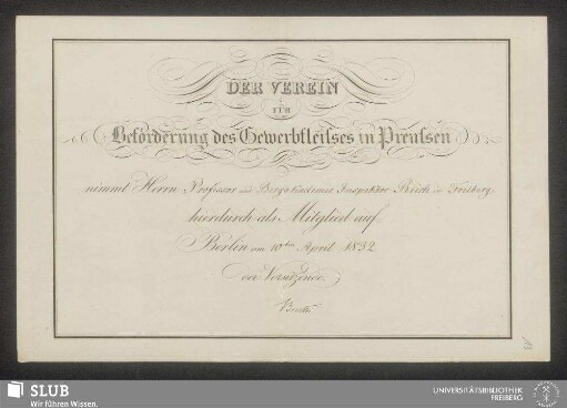 10: Diplom über die Ernennung Reichs zum Mitglied des Vereins für Beförderung des Gewerbefleißes in Preußen - XVII 486 8. (10)