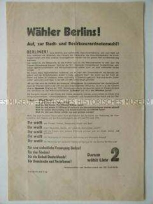 Aufruf des Landesvorstandes Groß-Berlin der SED zur Wahl der Kandidaten der Partei bei den Stadt- und Bezirksverordnetenwahlen 1946