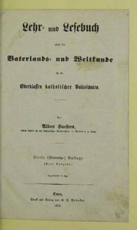 Lehr- und Lesebuch oder die Vaterlands- und Weltkunde : für die Oberklassen katholischer Volksschulen