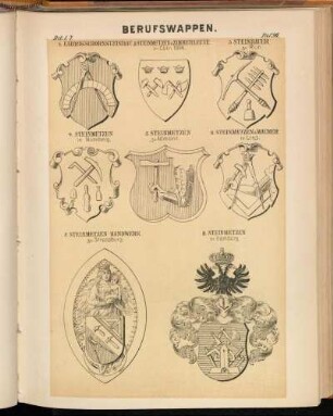 Taf. 96. - 1. Fabrikschornsteinbau. - 2. Steinmetzen & Zimmerleute in Cöln 1396. -3. Steinhauer zu Rüh. - 4. Steinmetzen in Nürnberg. - 5. Steinmetzen zu Admont. - 6. Steinmetzen & Maurer in Linz. - 7. Steinmetzen-Handwerk zu Strassburg. - 8. Steinmetzen in Hamburg.