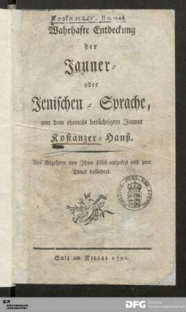 Wahrhafte Entdeckung der Jauner- oder Jenischen Sprache