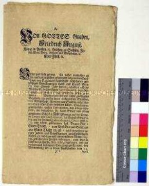 Mandat von Friedrich August I. Kurfürst von Sachsen betreffend die Eintreibung der Getränke-, Pfennig- und Quatember-Steuer im Kreis Meißen