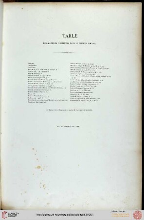 Table des matières contenues dans le premier volume