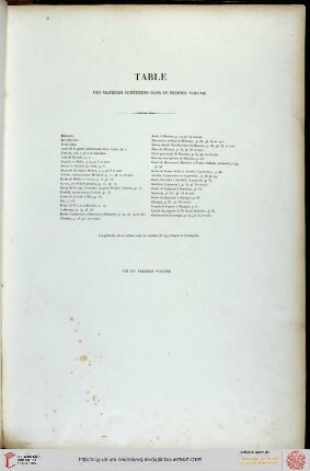 Table des matières contenues dans le premier volume