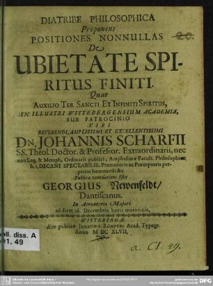 Diatribe philosophica proponens positiones nonnullas de ubietate spiritus finiti