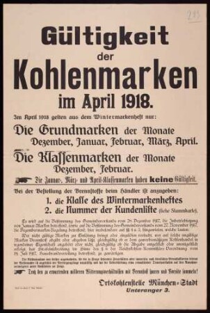 "Gültigkeit der Kohlenmarken im April 1918" in München, folgt: Klassifzierung der gültigen Marken