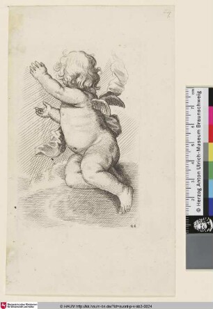 [Auf einer Wolke sitzender Putto mit erhobenen Händen, den Kopf nach hinten gewandt]