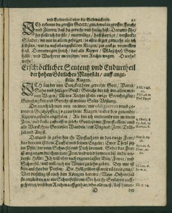 Erschröcklicher Sententz und Endurtheil der hohen Göttlichen Mayestät/ auff angestellte Klagen.