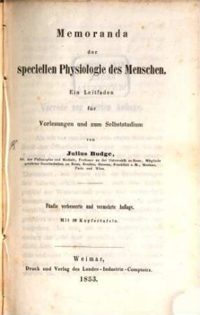 Memoranda der speciellen Physiologie des Menschen : ein Leitfaden für Vorlesungen und zum Selbststudium : mit 10 Kupfertafeln