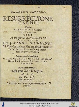 Dissertatio Theologica De Resurrectione Carnis