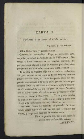 Carta II. Valiente á su amo, el Gobernador.