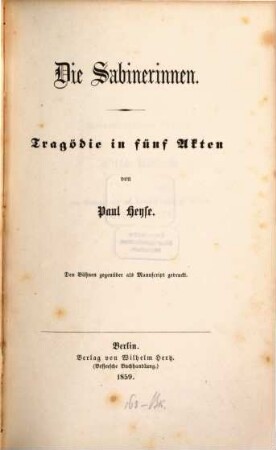 Die Sabinerinnen : Tragödie in fünf Akten
