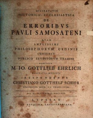 Dissertatio Historico-Ecclesiastica De Erroribvs Pavli Samosateni