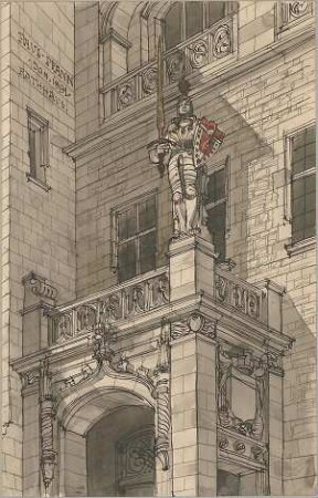 Pfann, Paul; Perspektivische Zeichnungen - Rathaus mit Balkon u. Standfigur (Perspektive)