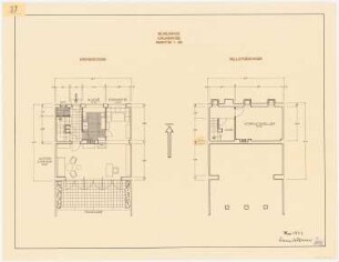 Aufgabe Stadterweiterung, Sommersemester 1932: Reihenhäuser: Grundrisse Erdgeschoss, Kellergeschoss 1:50