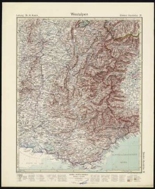 Bl. 31: Westalpen, 1944 : Bl. 31 : Westalpen : (Alpes Occidentales, Western Alps, Alpi Occidentali, Alpes Occidentales) / Leitung: H. Haack. - 10. Aufl. / [Hundertjahr-Ausg.]. - 1:925 000. - Gotha : Perthes , 1944. - 1 Kt. : mehrfarb. ; 42 x 33 cm. - Aus: Stielers Handatlas, [Bl.] 31