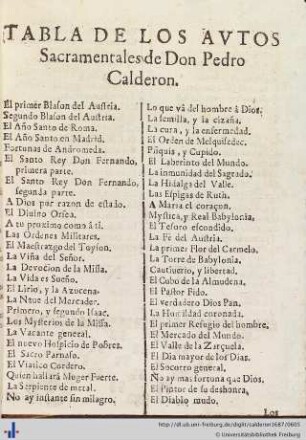 Tabla de los autos sacramentales Don Pedro Calderon.