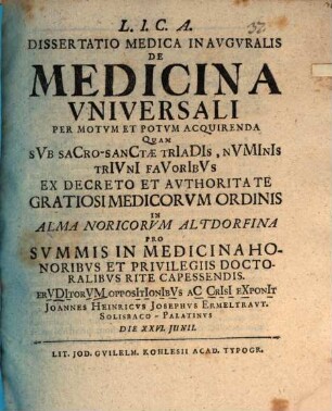 Diss. med. inaug. de medicina universali, per motum et potum acquirenda