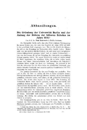 Die Gründung der Universität Berlin und der Anfang der Reform der höheren Schulen im Jahre 1810