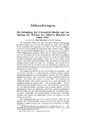 Die Gründung der Universität Berlin und der Anfang der Reform der höheren Schulen im Jahre 1810