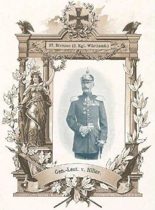 Fritz von Hiller, Generalleutnant, stehend, in Uniform, Pickelhaube mit Orden, Bild in Halbprofil