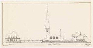 Evangelische Kirche, Berlin-Nikolassee Erweiterung einschließlich Gemeindehaus und Pfarrhaus: Aufriss Ansicht von der Rehwiese (Westseite) 1:200
